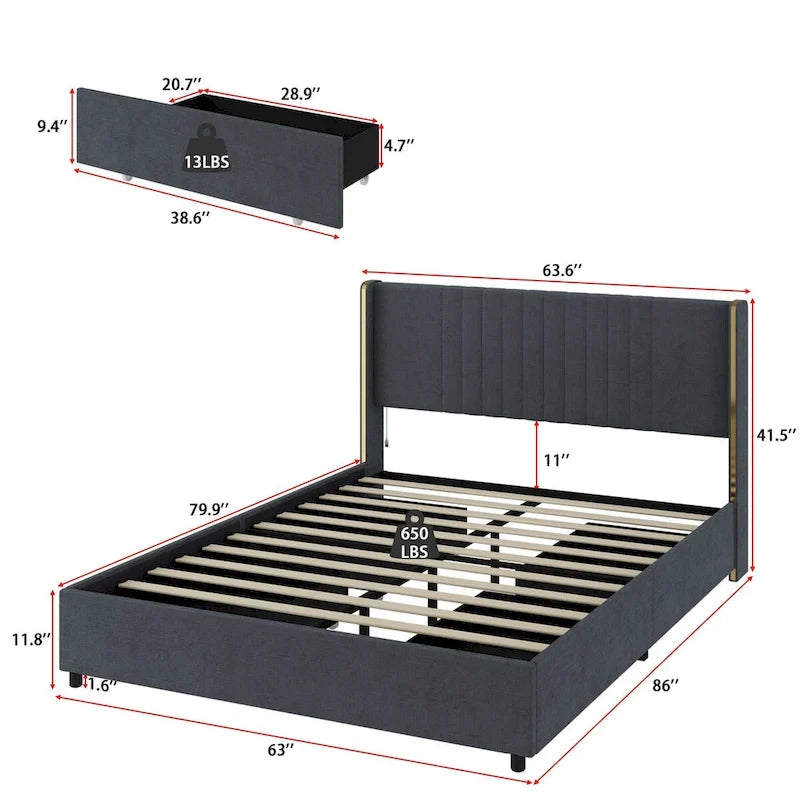 Lit plateforme rembourré à LED avec tiroir de rangement