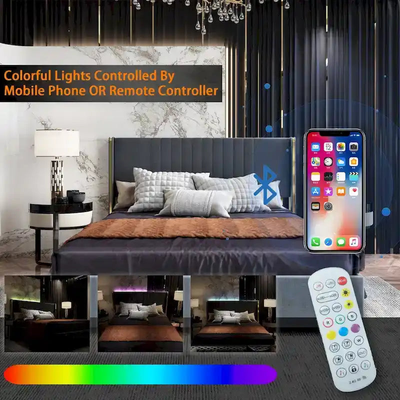 Lit plateforme rembourré à LED avec tiroir de rangement