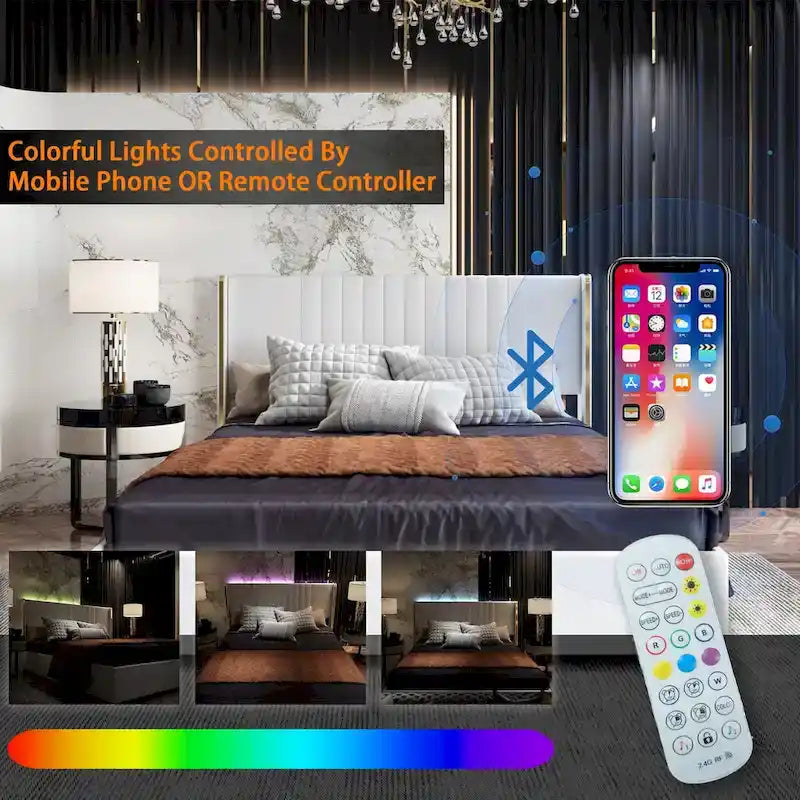 Lit plateforme rembourré à LED avec tiroir de rangement