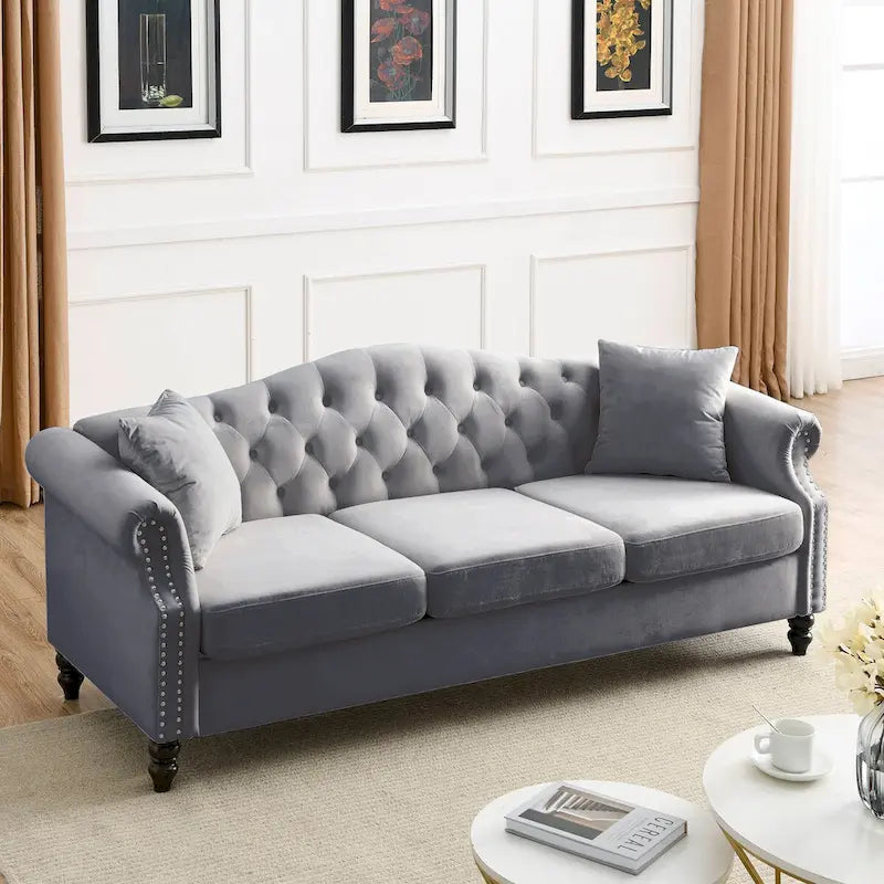 Velvet 3-Seater Sofa with Button Tufting, Rolled Arms