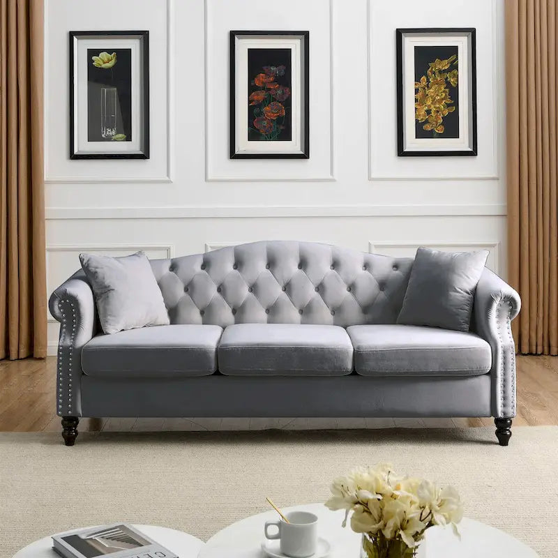 Velvet 3-Seater Sofa with Button Tufting, Rolled Arms