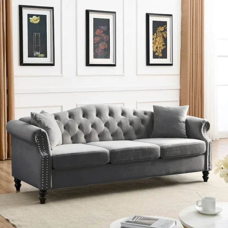 Velvet 3-Seater Sofa with Button Tufting, Rolled Arms