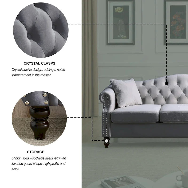 Velvet 3-Seater Sofa with Button Tufting, Rolled Arms