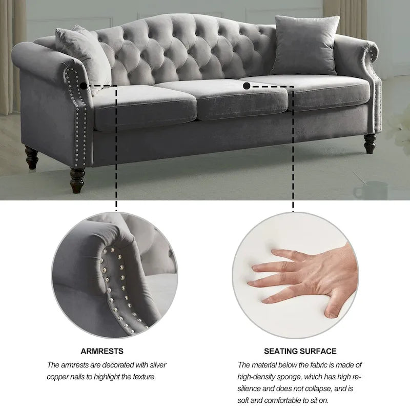 Velvet 3-Seater Sofa with Button Tufting, Rolled Arms