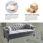 Velvet 3-Seater Sofa with Button Tufting, Rolled Arms
