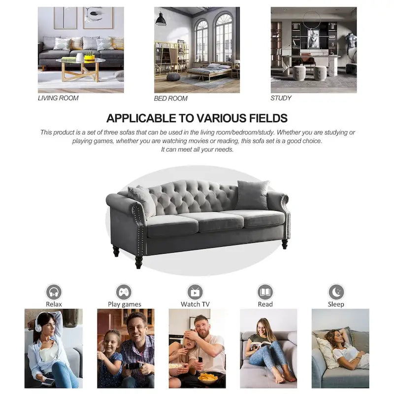 Velvet 3-Seater Sofa with Button Tufting, Rolled Arms