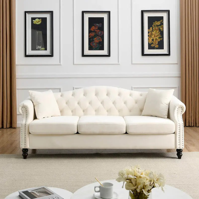 Velvet 3-Seater Sofa with Button Tufting, Rolled Arms
