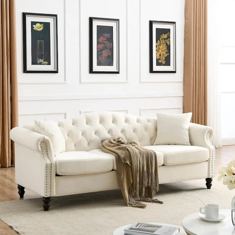 Velvet 3-Seater Sofa with Button Tufting, Rolled Arms