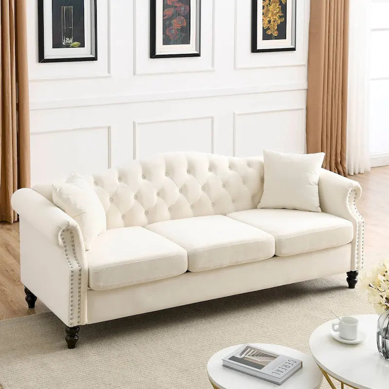 Velvet 3-Seater Sofa with Button Tufting, Rolled Arms
