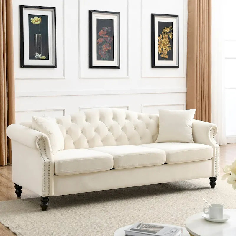 Velvet 3-Seater Sofa with Button Tufting, Rolled Arms