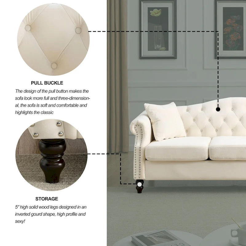 Velvet 3-Seater Sofa with Button Tufting, Rolled Arms