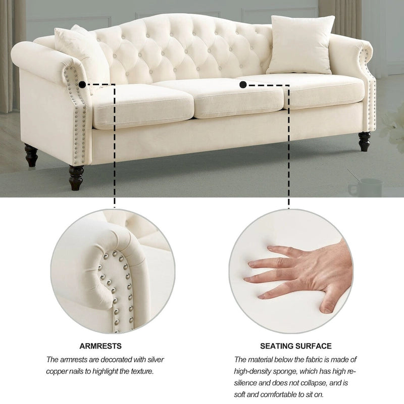 Velvet 3-Seater Sofa with Button Tufting, Rolled Arms