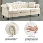 Velvet 3-Seater Sofa with Button Tufting, Rolled Arms