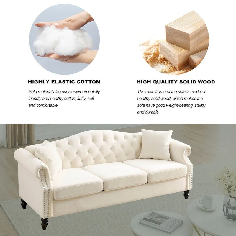 Velvet 3-Seater Sofa with Button Tufting, Rolled Arms