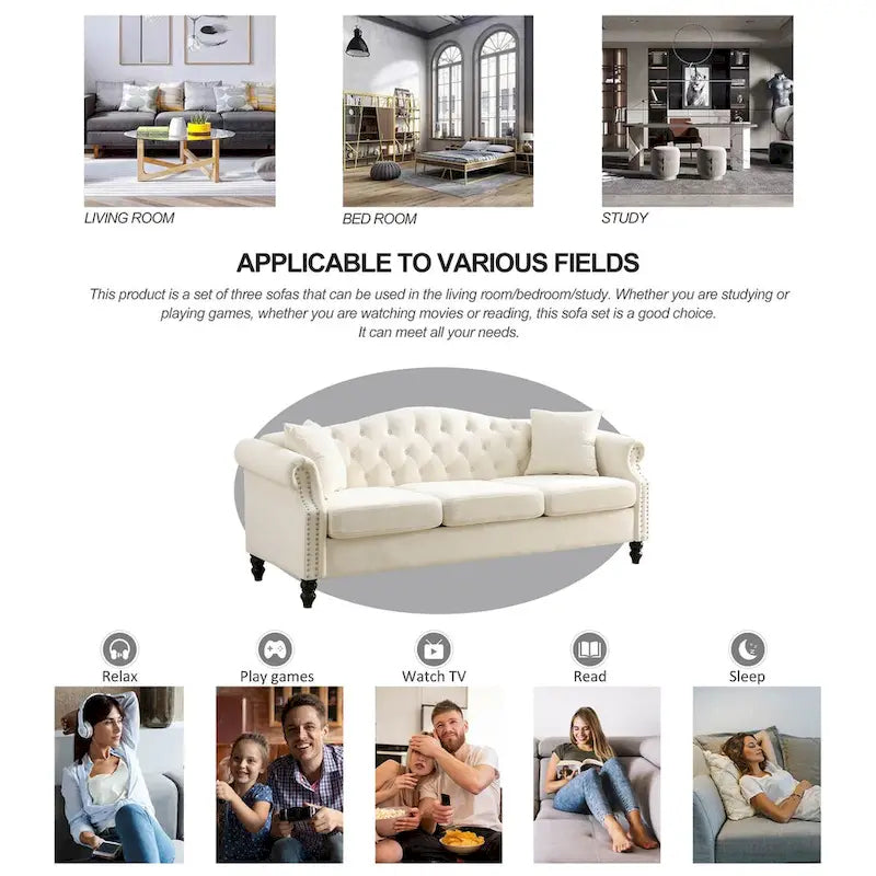 Velvet 3-Seater Sofa with Button Tufting, Rolled Arms