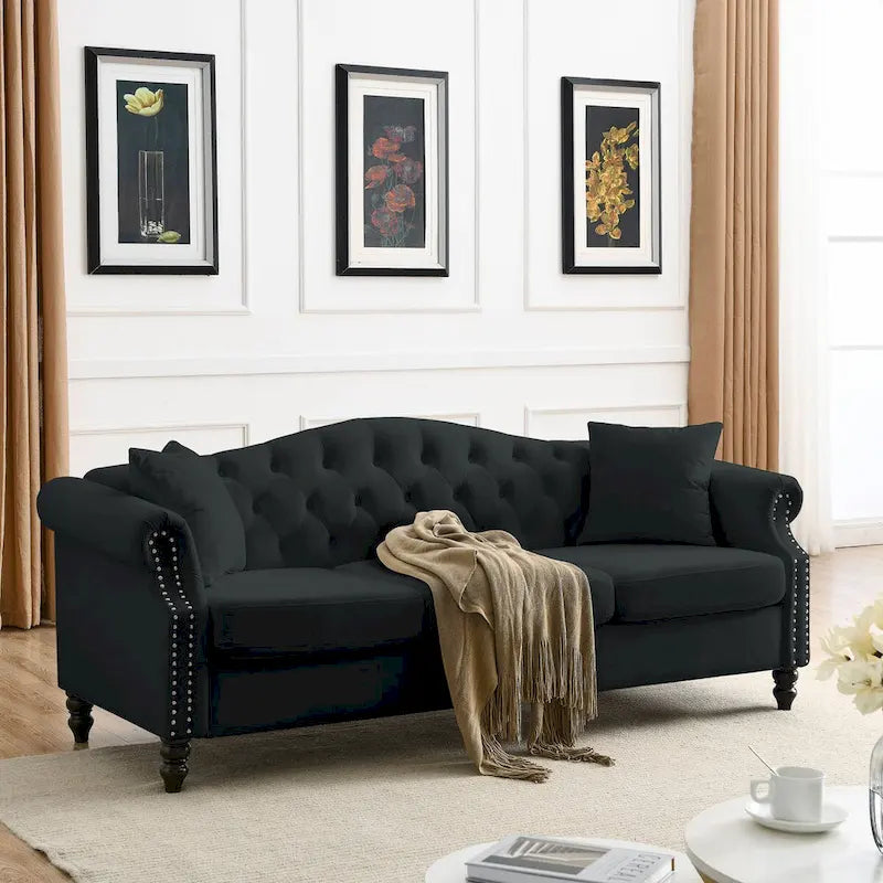 Velvet 3-Seater Sofa with Button Tufting, Rolled Arms