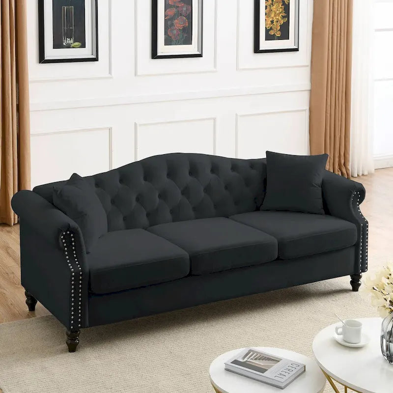 Velvet 3-Seater Sofa with Button Tufting, Rolled Arms