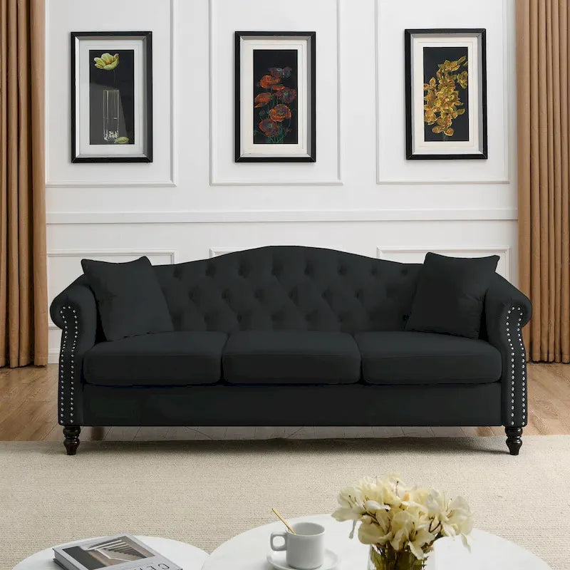 Velvet 3-Seater Sofa with Button Tufting, Rolled Arms