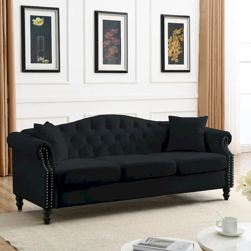 Velvet 3-Seater Sofa with Button Tufting, Rolled Arms