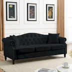 Velvet 3-Seater Sofa with Button Tufting, Rolled Arms