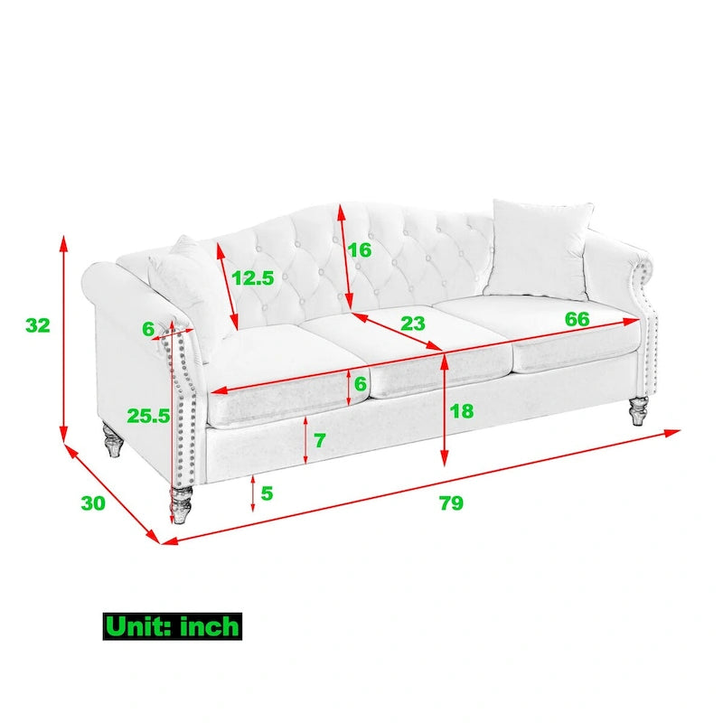 Velvet 3-Seater Sofa with Button Tufting, Rolled Arms