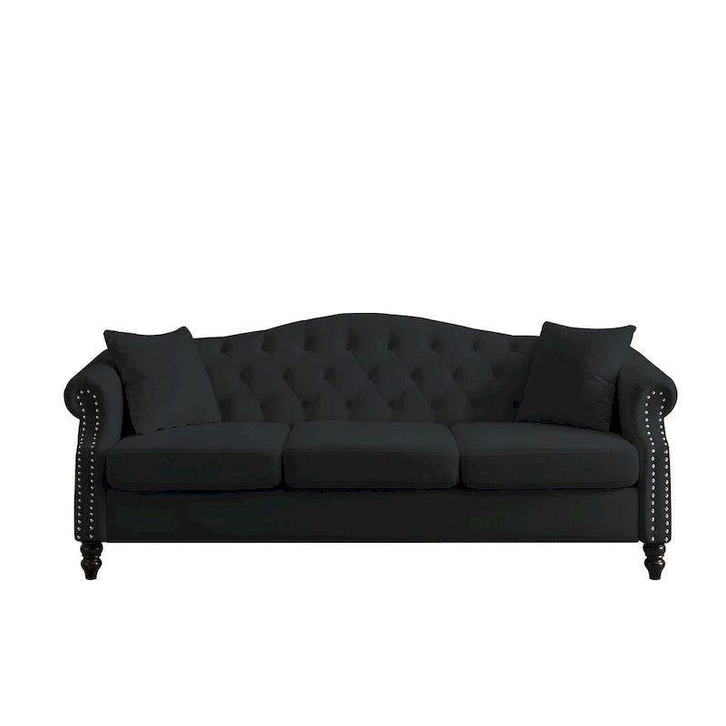 Velvet 3-Seater Sofa with Button Tufting, Rolled Arms