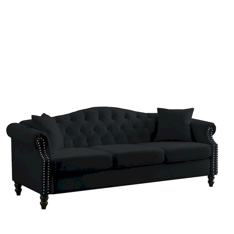 Velvet 3-Seater Sofa with Button Tufting, Rolled Arms