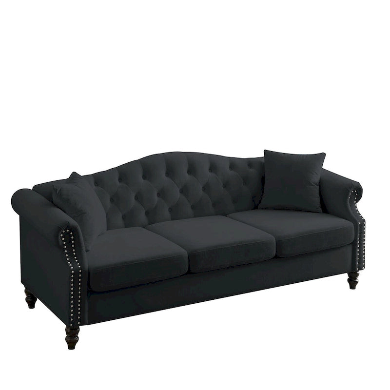 Velvet 3-Seater Sofa with Button Tufting, Rolled Arms