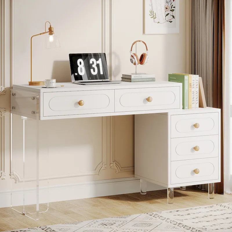 White 5-Drawer Writing Desk with Acrylic Base