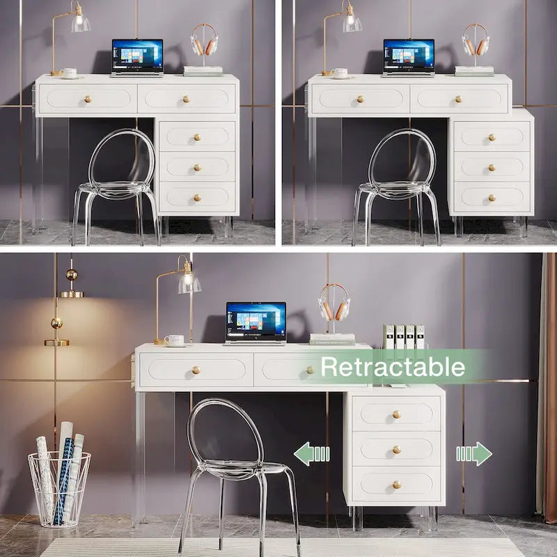 White 5-Drawer Writing Desk with Acrylic Base