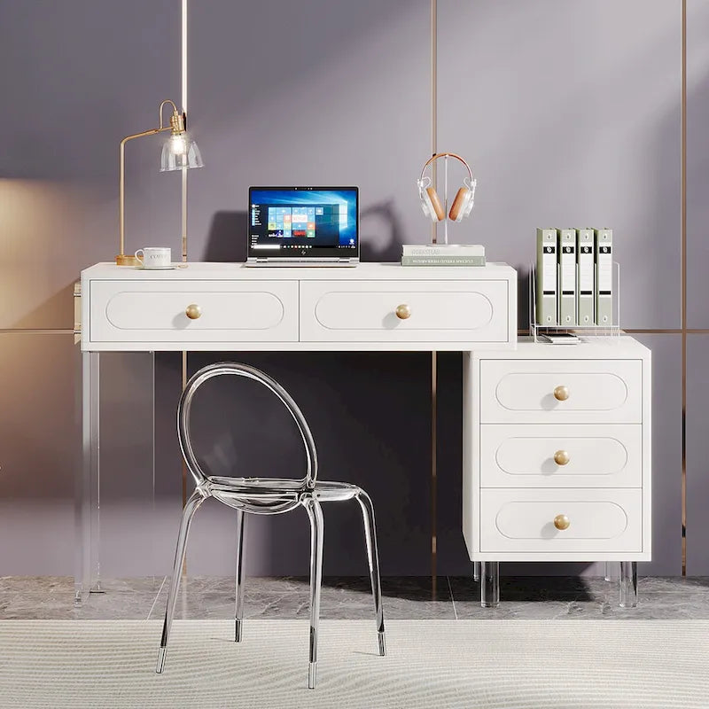 Weißer Schreibtisch mit 5 Schubladen und Acryluntergestell