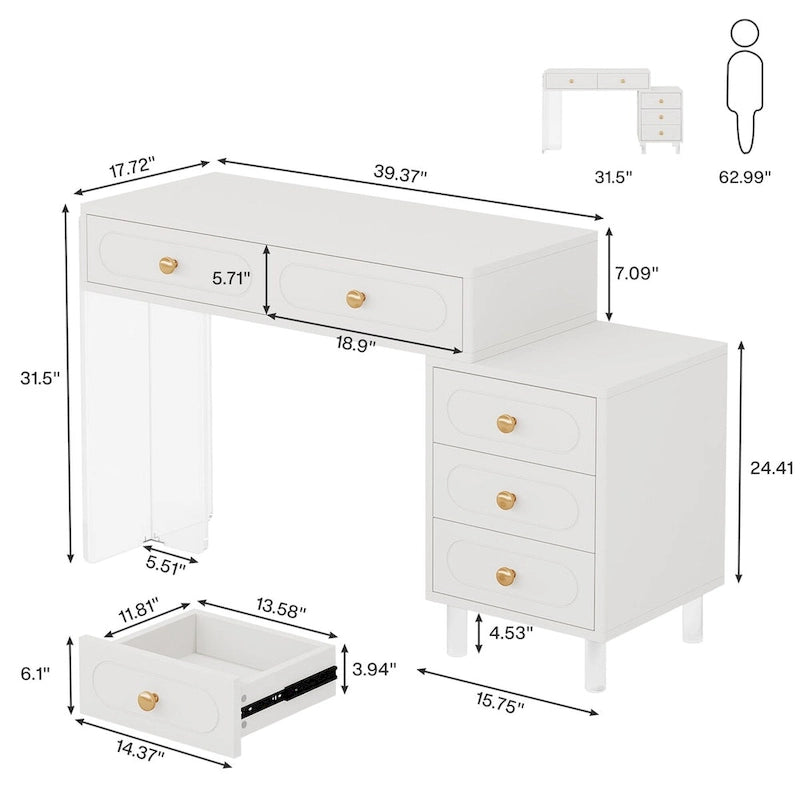 Weißer Schreibtisch mit 5 Schubladen und Acryluntergestell