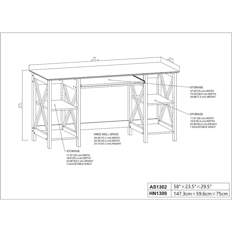 58-Inch Writing Desk with Open Shelves and Drawer