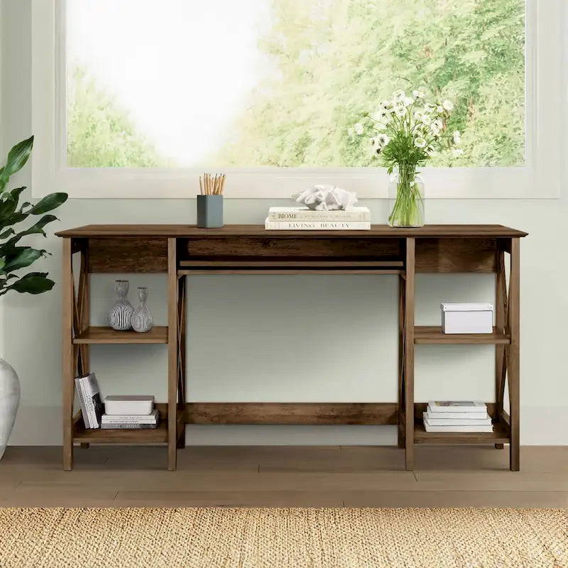58-Inch Writing Desk with Open Shelves and Drawer
