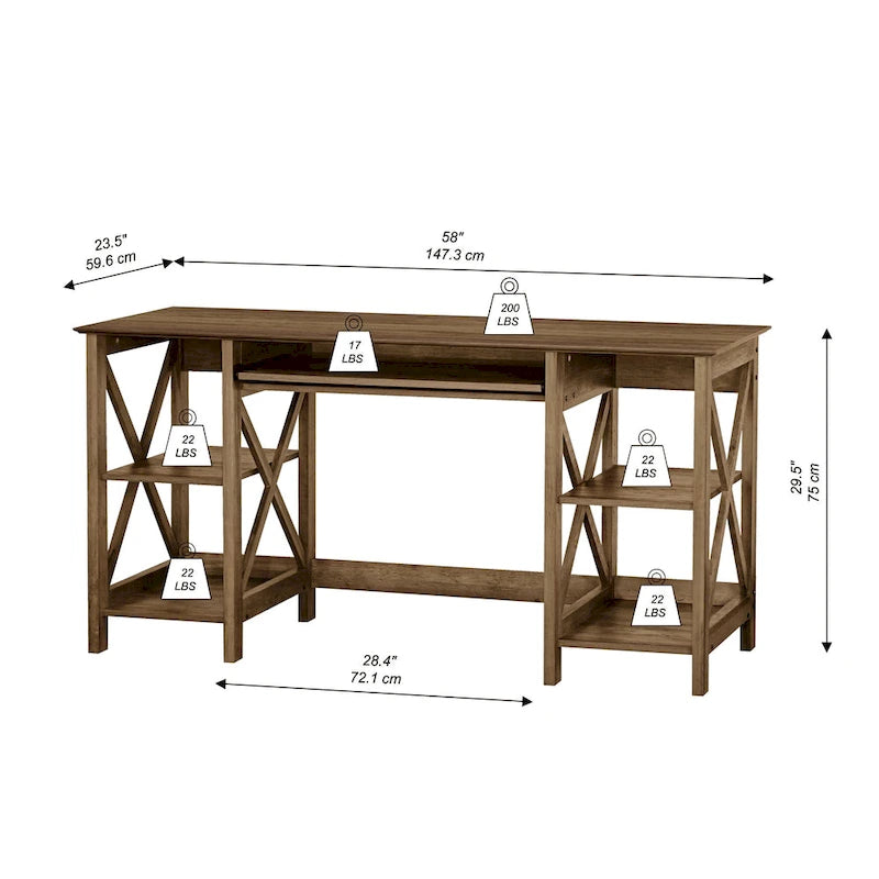58-Inch Writing Desk with Open Shelves and Drawer