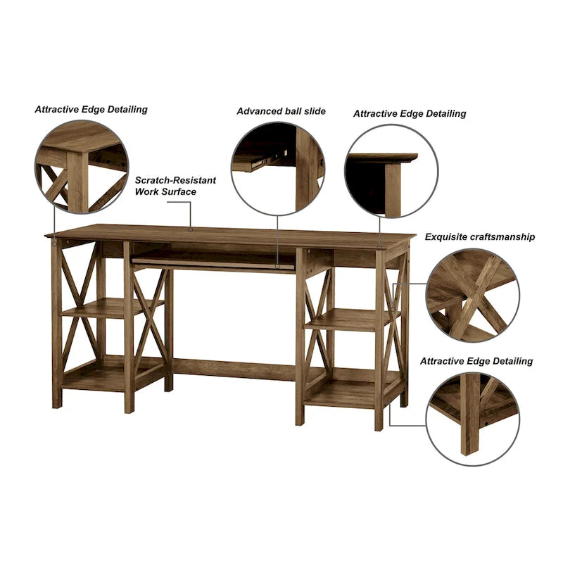 58-Inch Writing Desk with Open Shelves and Drawer