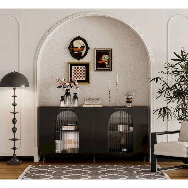 Wooden Accent Cabinet with 4 Glass Doors
