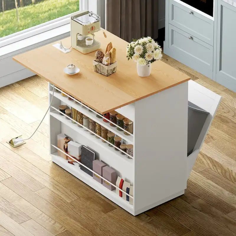 Kitchen Island with Drop Leaf and Double Tilt-Out Trash Cabinet