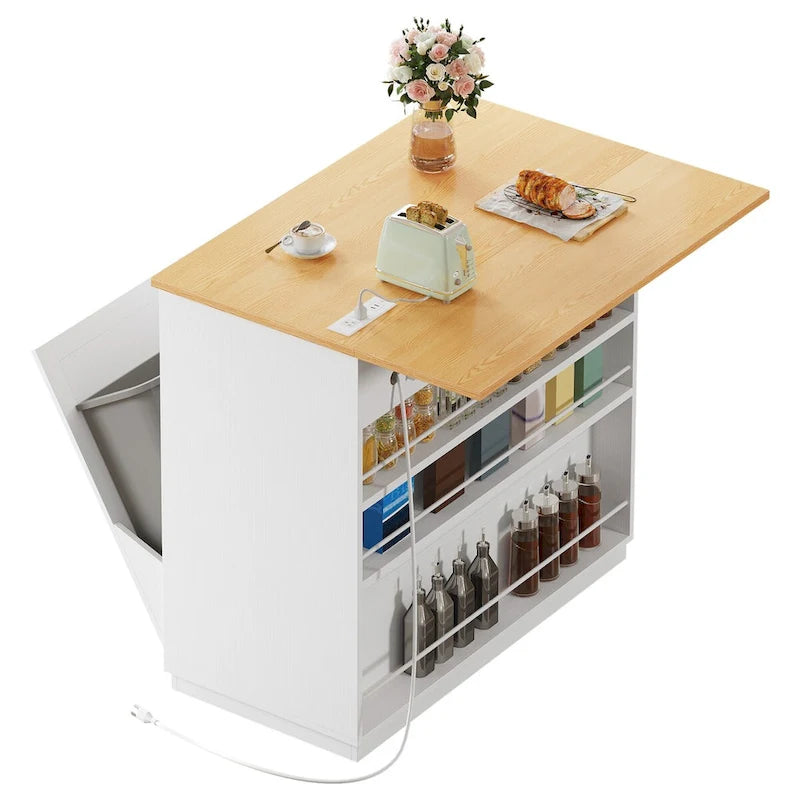 Kitchen Island with Drop Leaf and Double Tilt-Out Trash Cabinet